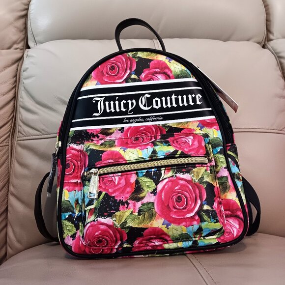 NEW 💥 JUICY COUTURE SMALL Black Backpack with Deep Pink Roses ~ Adorable!! - Picture 1 of 10